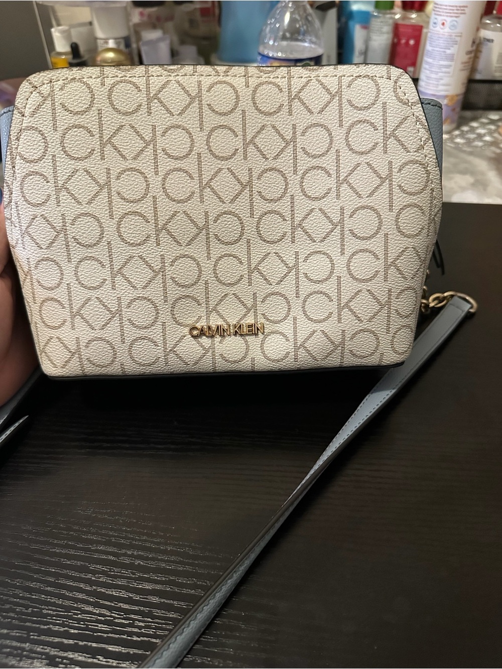 Calvin Klein Cream Monogram Crossbody with Gold Logo
